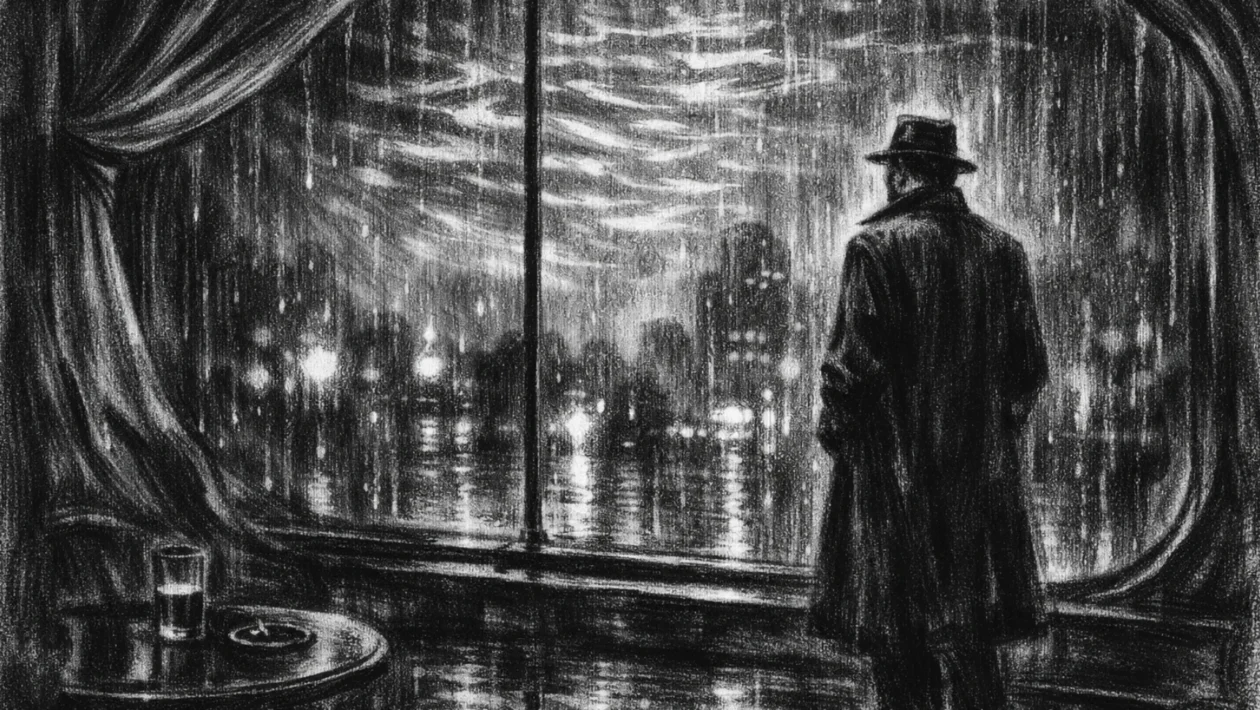 Cinematična scena u charcoal film noir stilu, crno-bijeli prizor s dubokim sjenama i melankoličnom atmosferom, usamljena figura uz prozor obasjan vodenim odsjajima.
