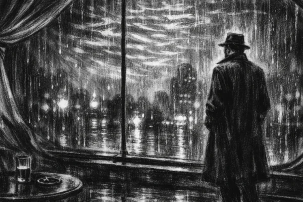 Cinematična scena u charcoal film noir stilu, crno-bijeli prizor s dubokim sjenama i melankoličnom atmosferom, usamljena figura uz prozor obasjan vodenim odsjajima.