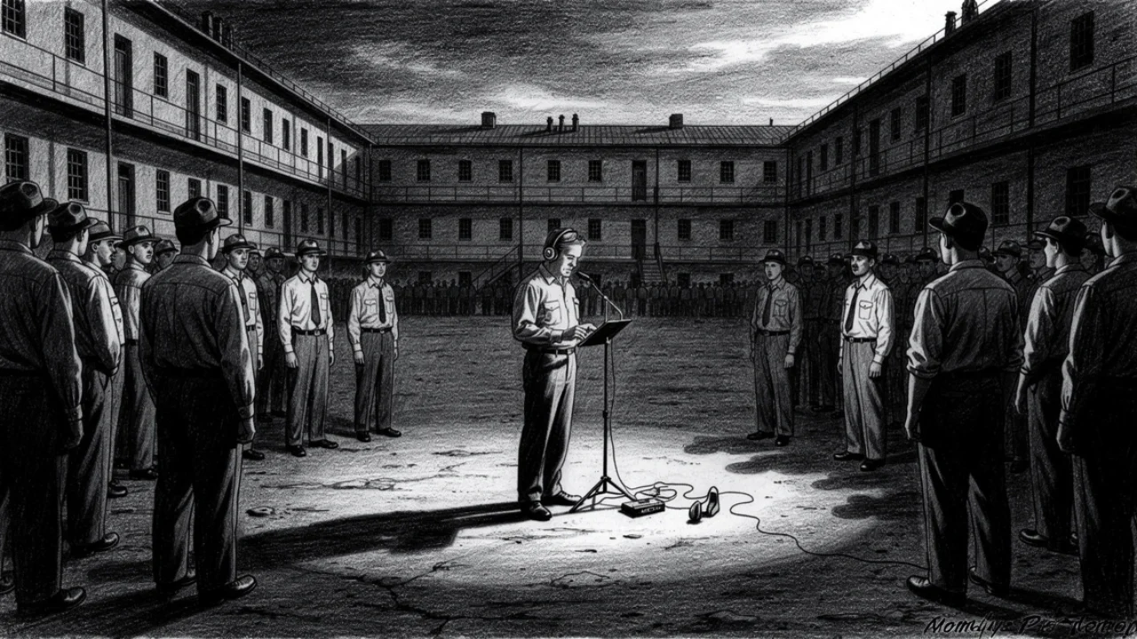 Scena Andyja Dufresnea u zatvoru, prikazana u charcoal film noir stil, s naglaskom na tišinu, glazbu i unutarnju slobodu.