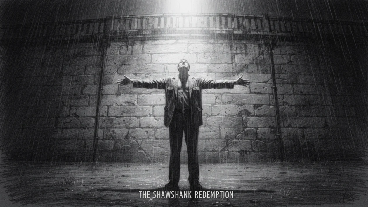Filmski poster za The Shawshank Redemption u charcoal film noir stil, crno-bijeli prikaz zatvorenika u kiši, snažne sjene i osjećaj nade.