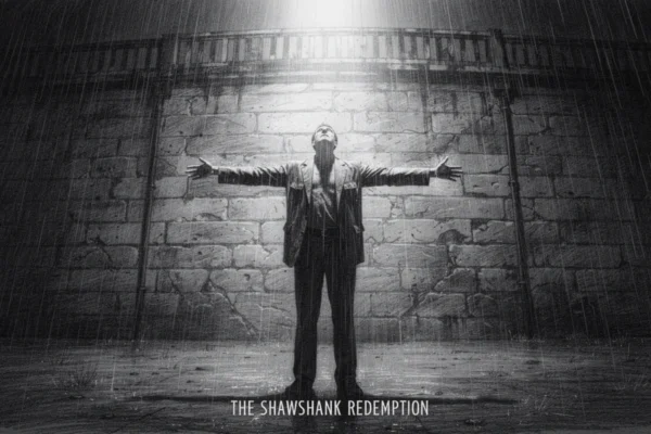 Filmski poster za The Shawshank Redemption u charcoal film noir stil, crno-bijeli prikaz zatvorenika u kiši, snažne sjene i osjećaj nade.