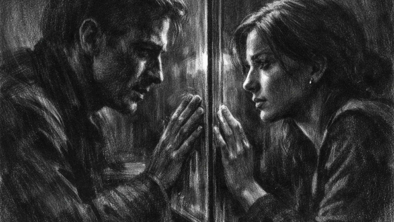 Intimna scena razgovora u charcoal film noir stilu, crno-bijela kompozicija s jakim kontrastom, tišina i psihološka napetost u prvom planu.