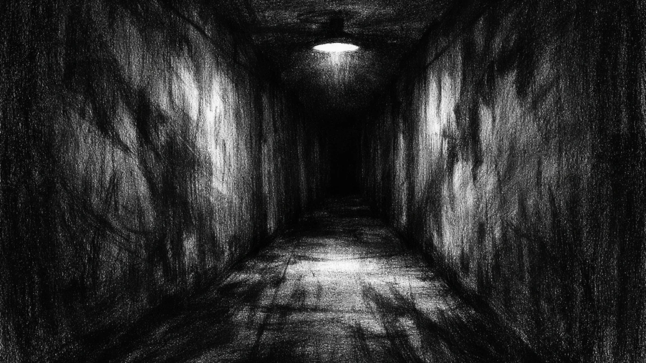 Atmosferski hodnik u charcoal film noir stilu, crno-bijela scena s dubokim sjenama i snažnim osjećajem izolacije.