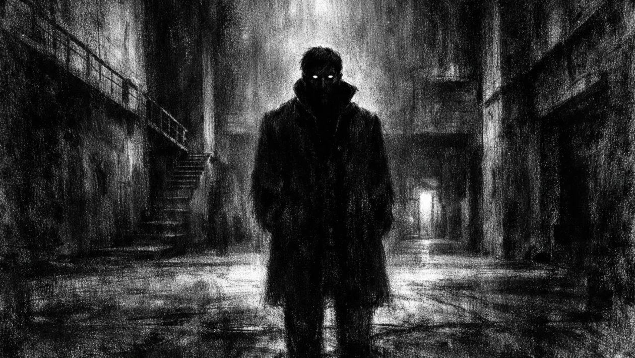 Filmski poster u charcoal film noir stilu, crno-bijeli prizor s usamljenom figurom u dubokim sjenama, naglašena atmosfera tišine i nelagode.
