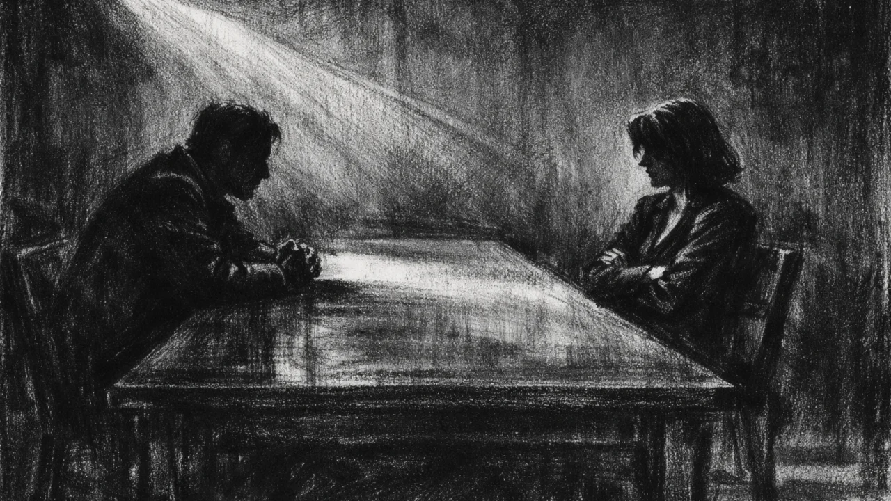 Dvije osobe u napetom razgovoru za stolom, lica u sjeni i naglašena emocionalna distanca, charcoal film noir stil