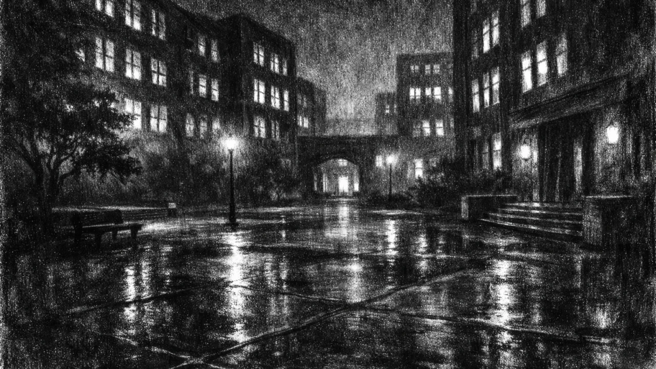 Noćni ambijent praznog dvorišta s osvijetljenim prozorima i refleksijama, melankolična atmosfera, charcoal film noir stil