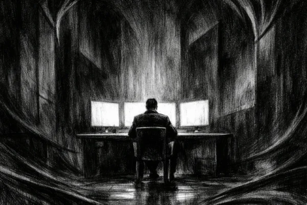 Kinematografski poster s usamljenom figurom u mračnom interijeru, snažne sjene i hladna atmosfera, charcoal film noir stil