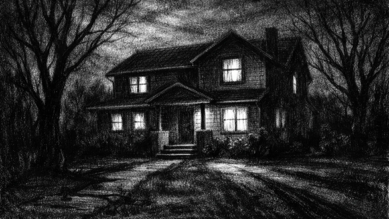 Atmosferski prikaz kuće noću u charcoal film noir stilu, snažan kontrast svjetla i sjene koji stvara osjećaj tišine i nelagode.