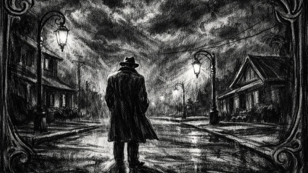 Cinematična crno-bijela ilustracija u charcoal film noir stilu s usamljenom figurom na tihoj ulici, naglašene sjene i melankolična atmosfera.