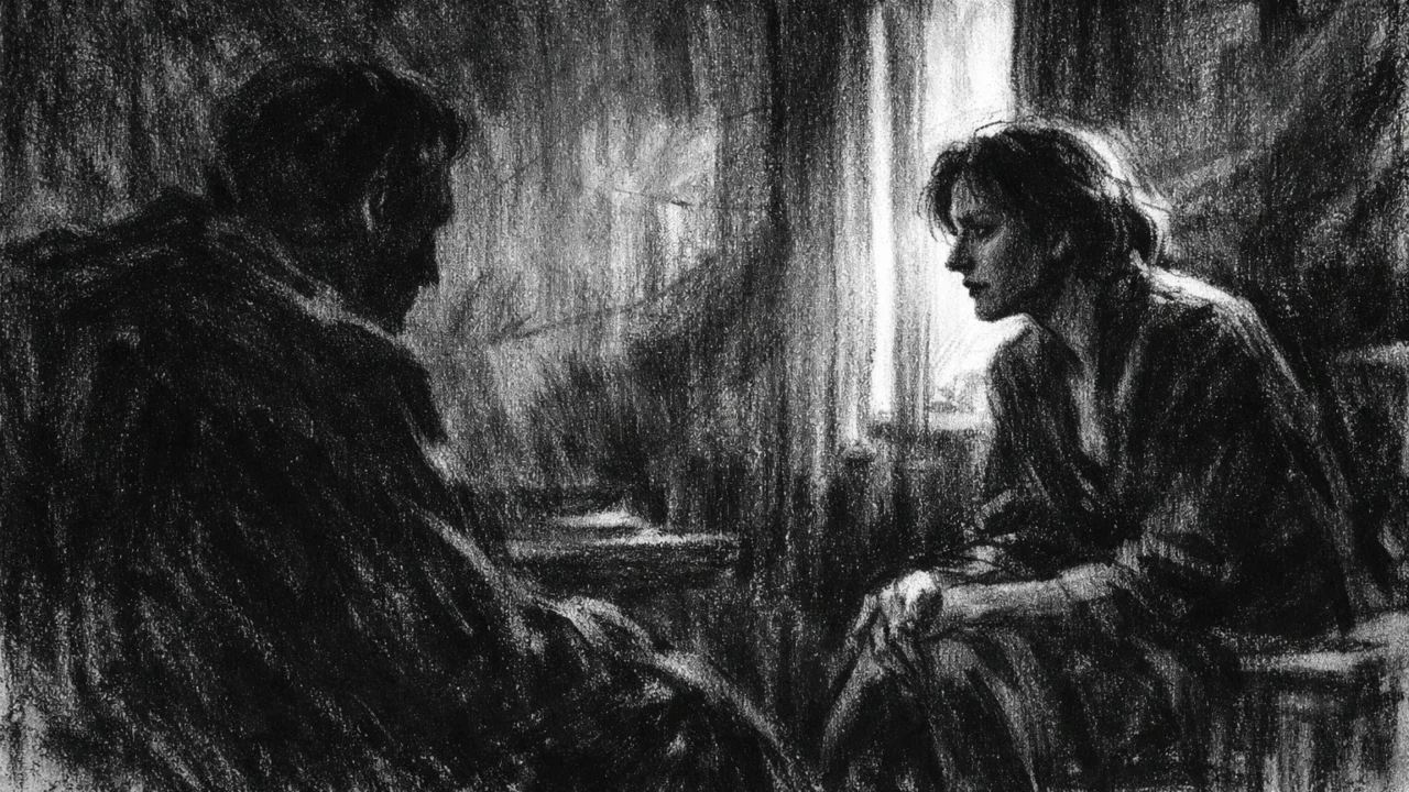 Tiha napeta scena razgovora u mračnoj prostoriji, izražene sjene i nelagoda, charcoal film noir stil.