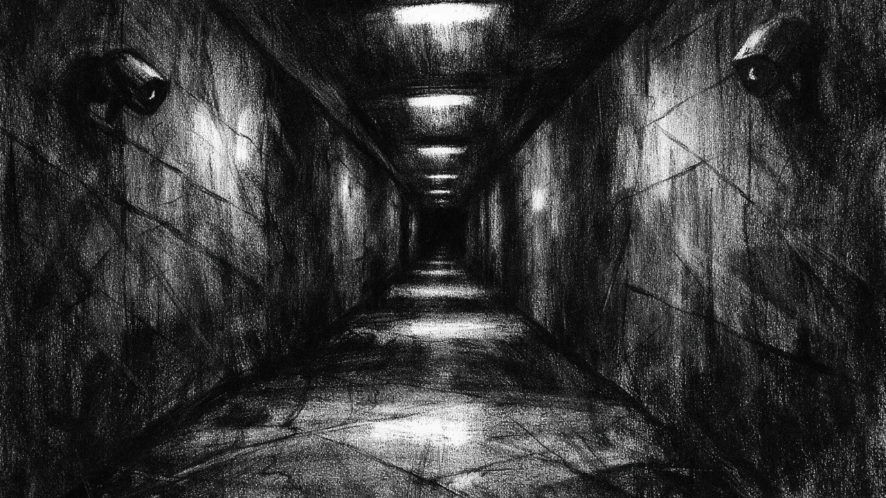 Prazan mračni hodnik s ponavljajućim svjetlom i sjenama, simbol psihološke napetosti, charcoal film noir stil.