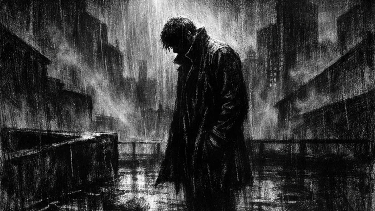 Usamljena figura na krovu grada u noći, snažne sjene i emocionalna težina, charcoal film noir stil.
