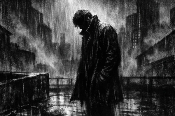 Usamljena figura na krovu grada u noći, snažne sjene i emocionalna težina, charcoal film noir stil.