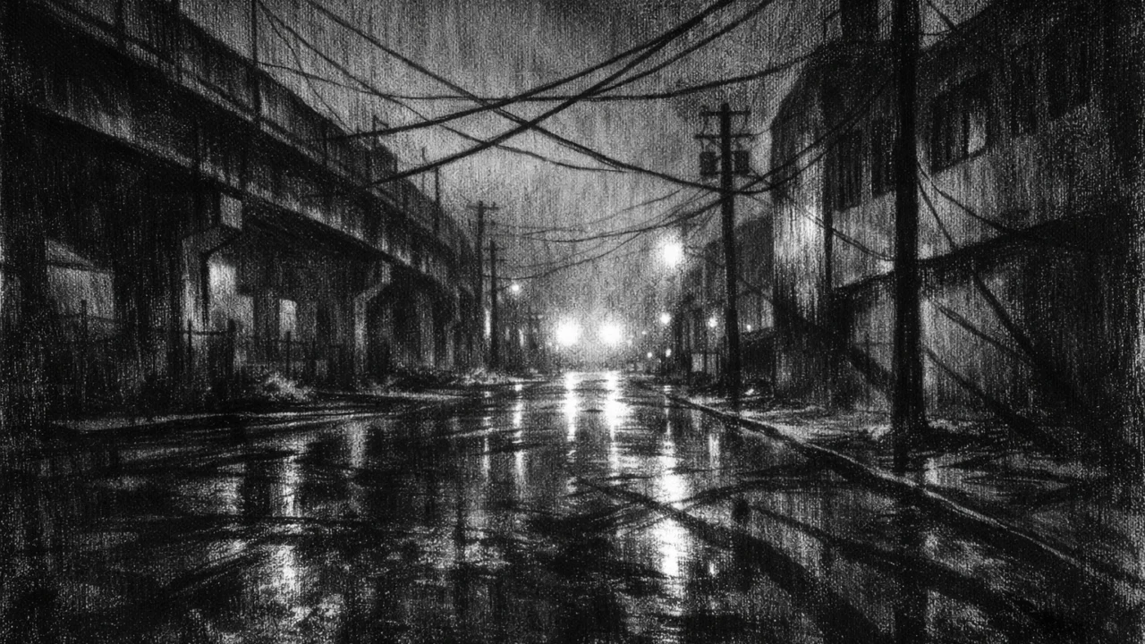 Atmosferski industrijski pejzaž u charcoal film noir stilu, crno-bijela noćna scena s refleksijama, dubokim sjenama i osjećajem prijeteće tišine