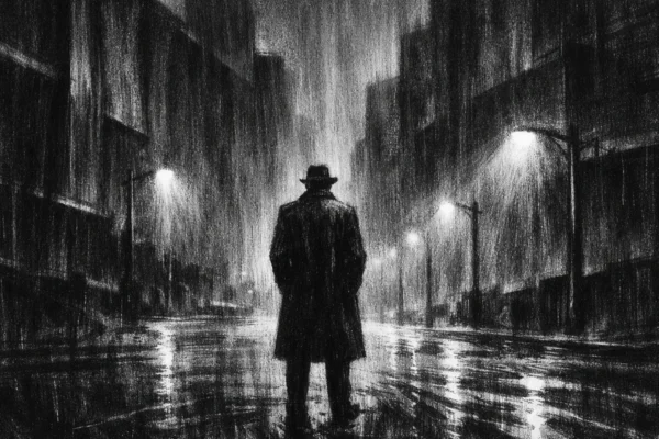Cinematična poster scena u charcoal film noir stilu, crno-bijeli prikaz usamljene figure u mračnom urbanom okruženju s jakim sjenama i tjeskobnom atmosferom