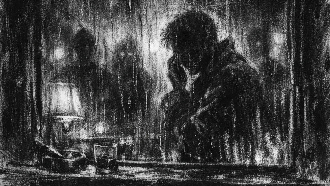 Intimni prizor osobe iza prozora u charcoal film noir stilu, snažan kontrast svjetla i sjene, osjećaj nelagode i introspekcije