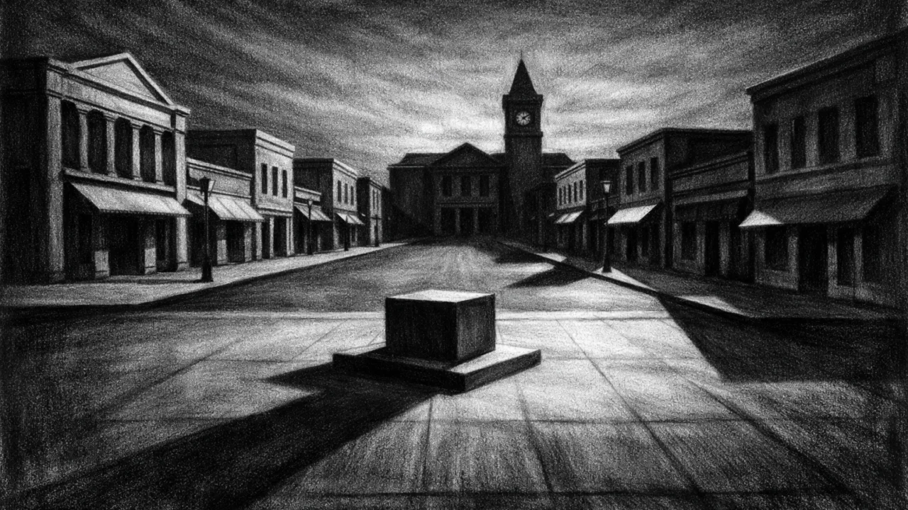 Prazni gradski trg pod umjetnim nebom u charcoal film noir stilu, crno-bijela simbolična scena s naglašenim sjenama i osjećajem kontrole