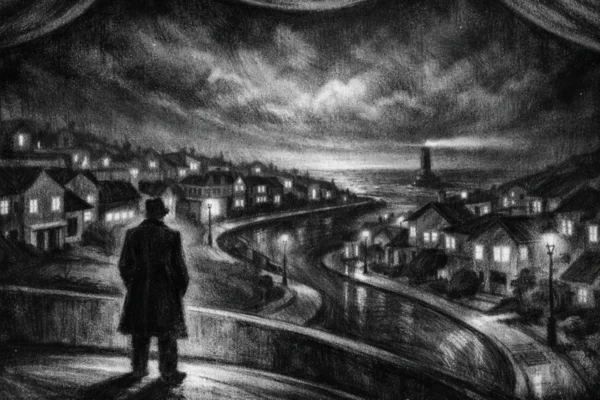 Usamljena figura na rubu grada u charcoal film noir stilu, crno-bijela scena s dubokim sjenama i melankoličnom atmosferom