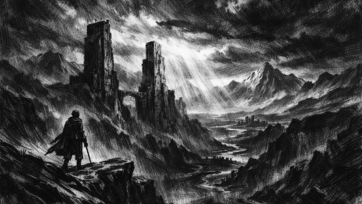 Cinematični poster s usamljeničkom figurom na uzvisini, ogroman krajolik i tamni oblaci, charcoal film noir stil, crno-bijelo, duboke sjene i dramatično svjetlo, osjećaj sudbine i nade