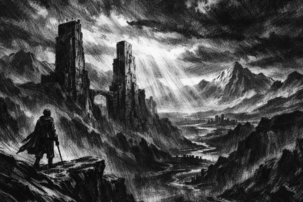 Cinematični poster s usamljeničkom figurom na uzvisini, ogroman krajolik i tamni oblaci, charcoal film noir stil, crno-bijelo, duboke sjene i dramatično svjetlo, osjećaj sudbine i nade