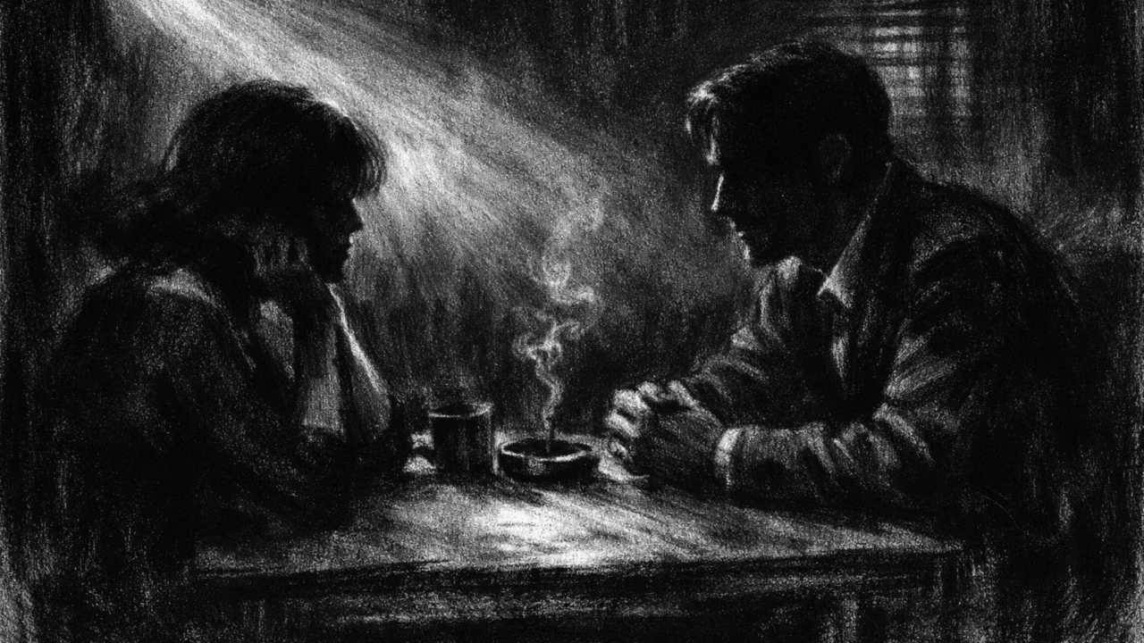 Dvoje ljudi u napetom razgovoru u zatamnjenoj prostoriji, prikazano u charcoal film noir stil, snažan kontrast i tajanstveni ugođaj.