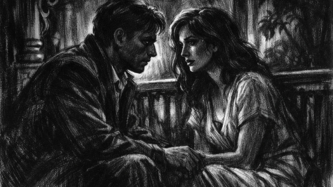 Dvoje ljudi u tihom razgovoru na trijemu, izražene emocije i kontrast svjetla i sjene, charcoal film noir stil