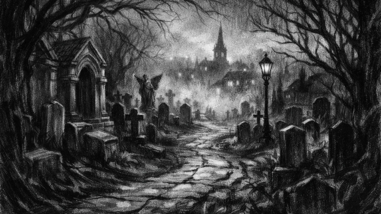 Mistični pejzaž starog groblja u magli, simbolika tajni i prolaznosti, charcoal film noir stil