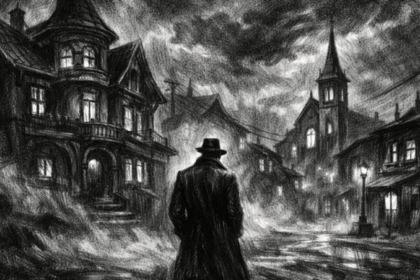 Kinematografski poster s usamljnom figurom u mračnom gradiću, snažne sjene i melankolična atmosfera, charcoal film noir stil