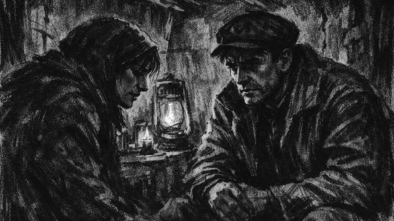 Dvoje ljudi u tihom razgovoru u mračnom skloništu, charcoal film noir stil, naglašene sjene i emocionalna napetost.