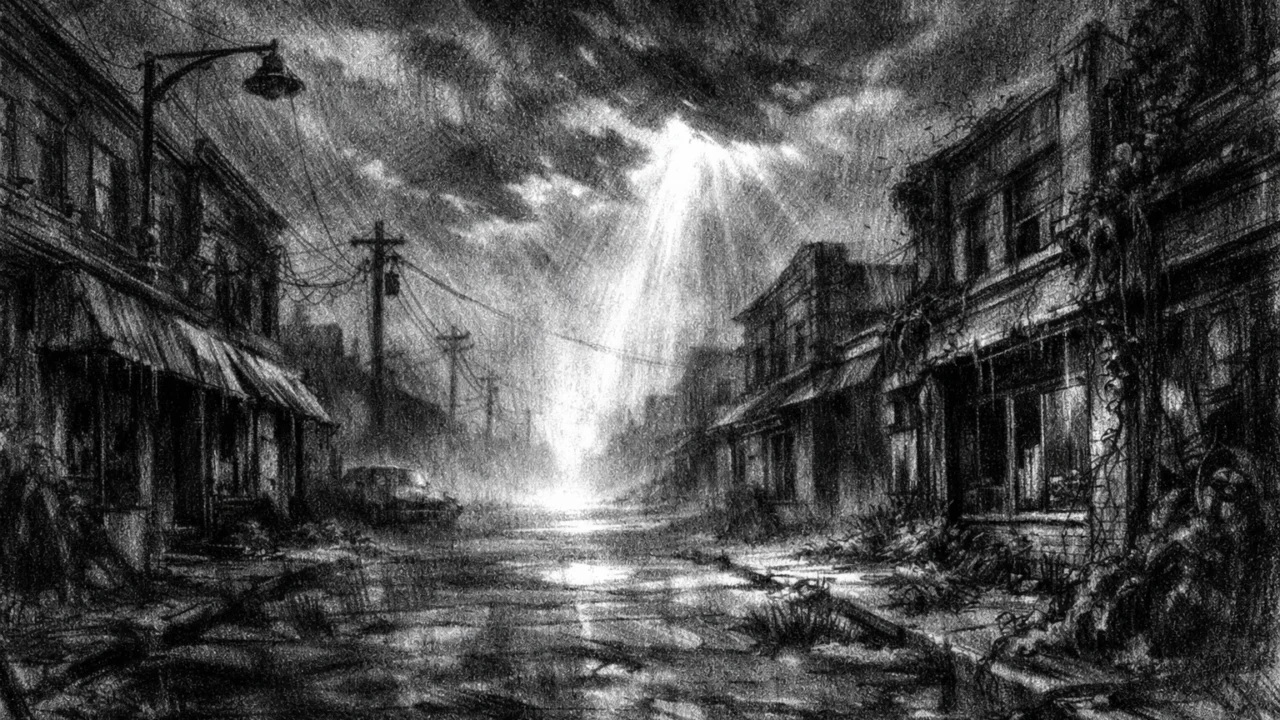 Napuštena ulica prekrivena maglom i sjenama, charcoal film noir stil, mračna atmosfera i osjećaj propadanja društva.