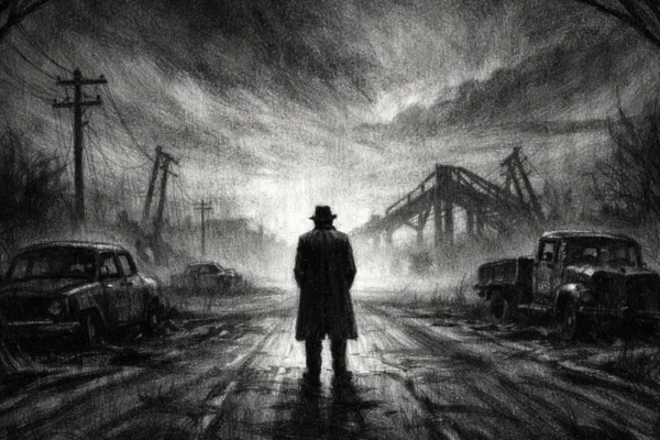 Usamljena figura na praznoj cesti u postapokaliptičnoj atmosferi, charcoal film noir stil, snažni kontrasti i duboke sjene stvaraju osjećaj izolacije.