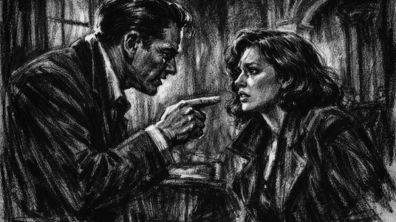 Dramska scena u charcoal film noir stilu