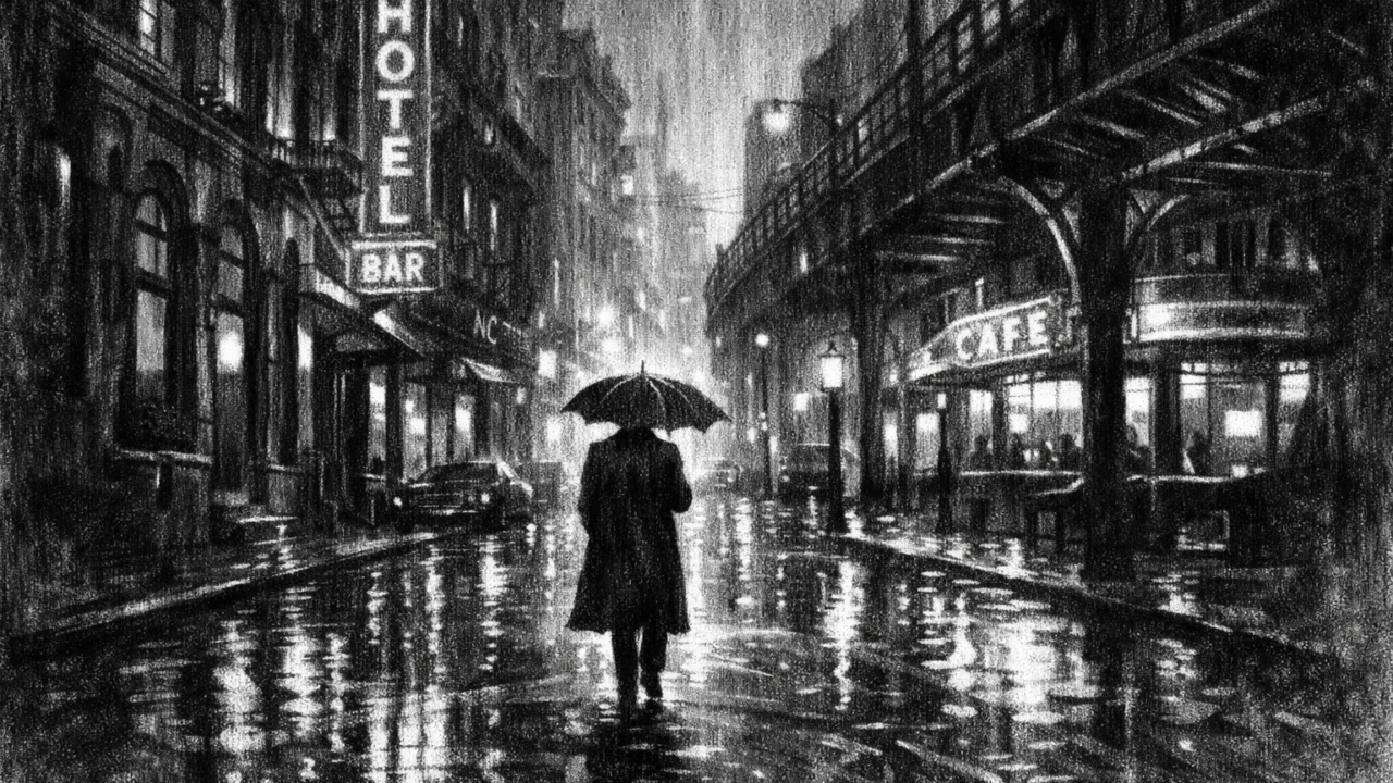 Atmosferska urbana ilustracija u charcoal film noir stilu