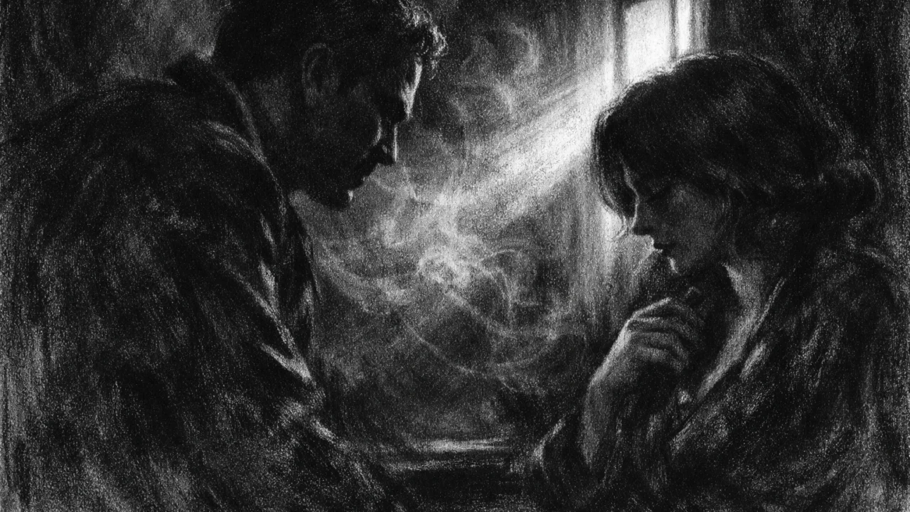 Dvoje ljudi u tihom razgovoru u mračnoj prostoriji, charcoal film noir stil, dramatično svjetlo, naglašene sjene i emotivna napetost.