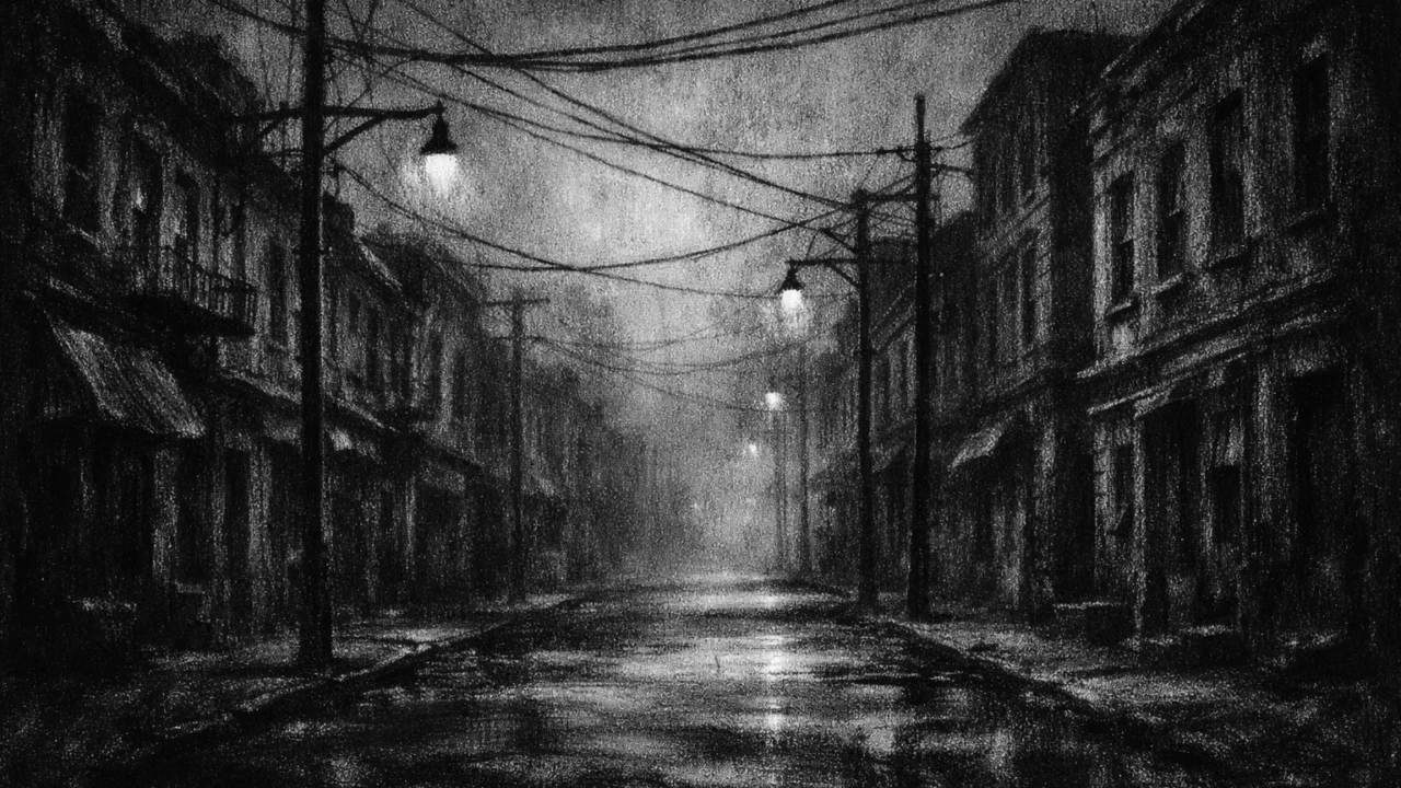 Prazne gradske ulice i stara arhitektura u sumraku, charcoal film noir stil, visoki kontrast, magla i turobna atmosfera.