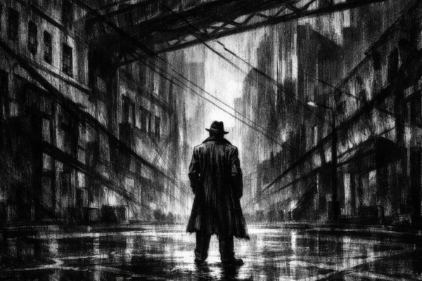 Cinematični poster s usamljenom figurom u gradu, charcoal film noir stil, snažni kontrasti, mračna atmosfera i duboke sjene.
