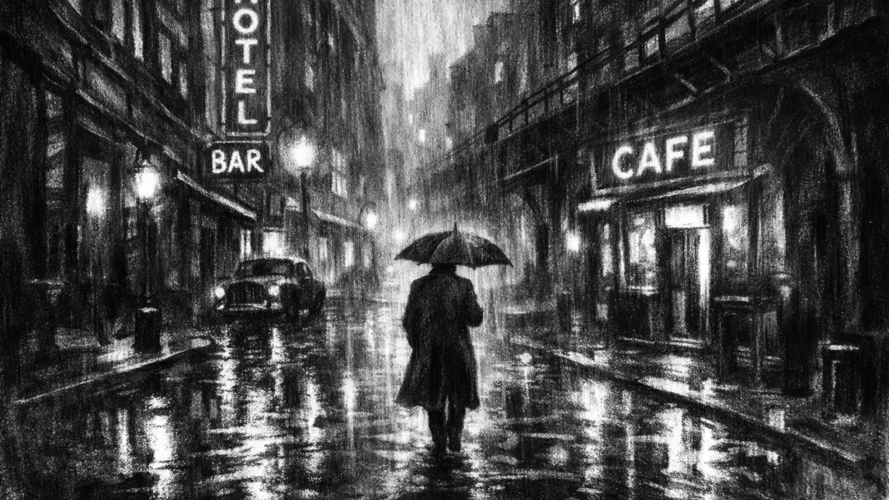 Atmosferska urbana ilustracija u charcoal film noir stilu