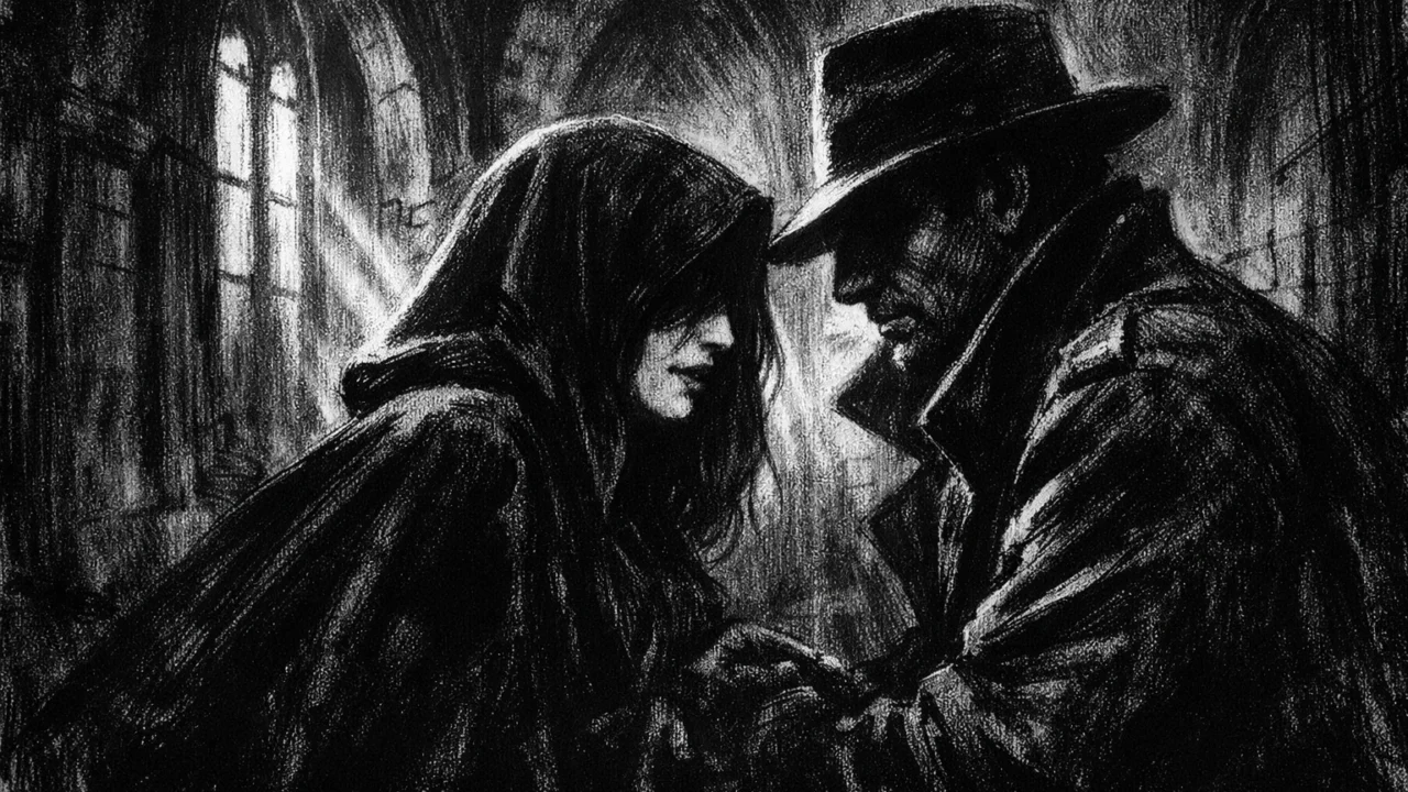 Dvoje ljudi u tihom razgovoru unutar mračne kamene dvorane, snažne sjene i emotivna napetost, charcoal film noir stil u crno-bijeloj tehnici.