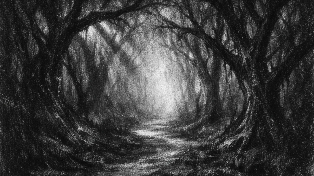 Mračna šuma s iskrivljenim stablima i maglom, simboličan i tjeskoban prizor, charcoal film noir stil, crno-bijela atmosfera dubokih sjena.