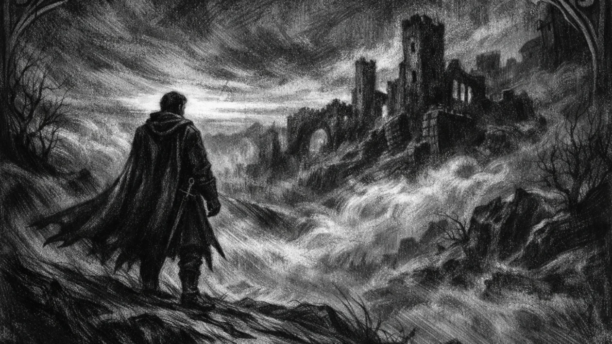 Filmski poster s usamljenom figurom na uzvisini, mračni srednjovjekovni krajolik u magli, charcoal film noir stil, crno-bijelo, duboke sjene i melankolična atmosfera.