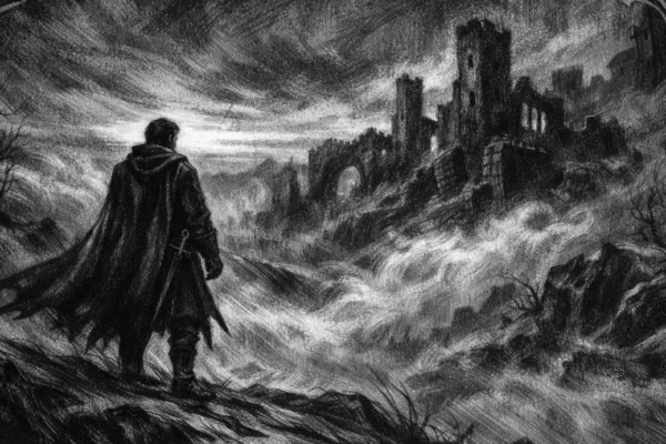 Filmski poster s usamljenom figurom na uzvisini, mračni srednjovjekovni krajolik u magli, charcoal film noir stil, crno-bijelo, duboke sjene i melankolična atmosfera.