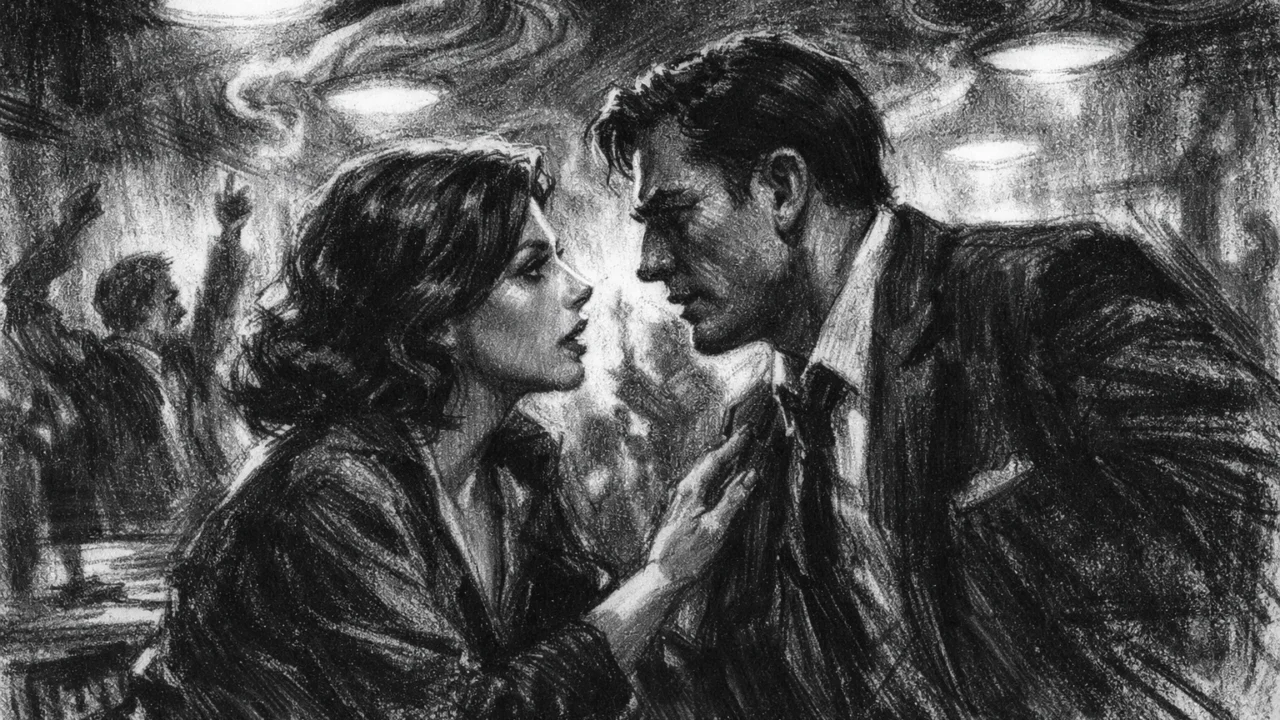 Dramatičan prizor razgovora u charcoal film noir stilu, dvije osobe u sjeni dok se iza njih osjeća kaotična energija, crno-bijeli kontrasti i napet emocionalni ton