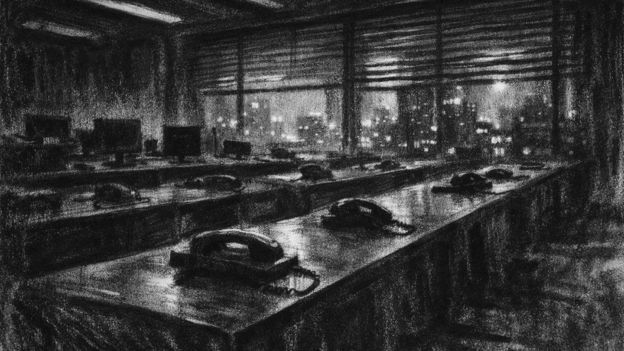 Atmosferski interijer u charcoal film noir stilu, prazna poslovna dvorana noću, duboke sjene, crno-bijela paleta i osjećaj praznine nakon pretjeranog uspjeha