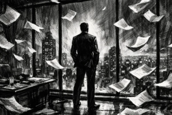 Cinematična poster scena u charcoal film noir stilu, usamljena figura u visokoj poslovnoj zgradi, snažni kontrasti, crno-bijela atmosfera i osjećaj ambicije i izolacije