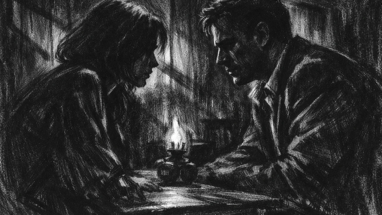 Dramatična scena u charcoal film noir stilu, crno-bijeli prizor dvoje ljudi u napetom razgovoru, snažne sjene i mračna atmosfera naglašavaju emocionalni sukob