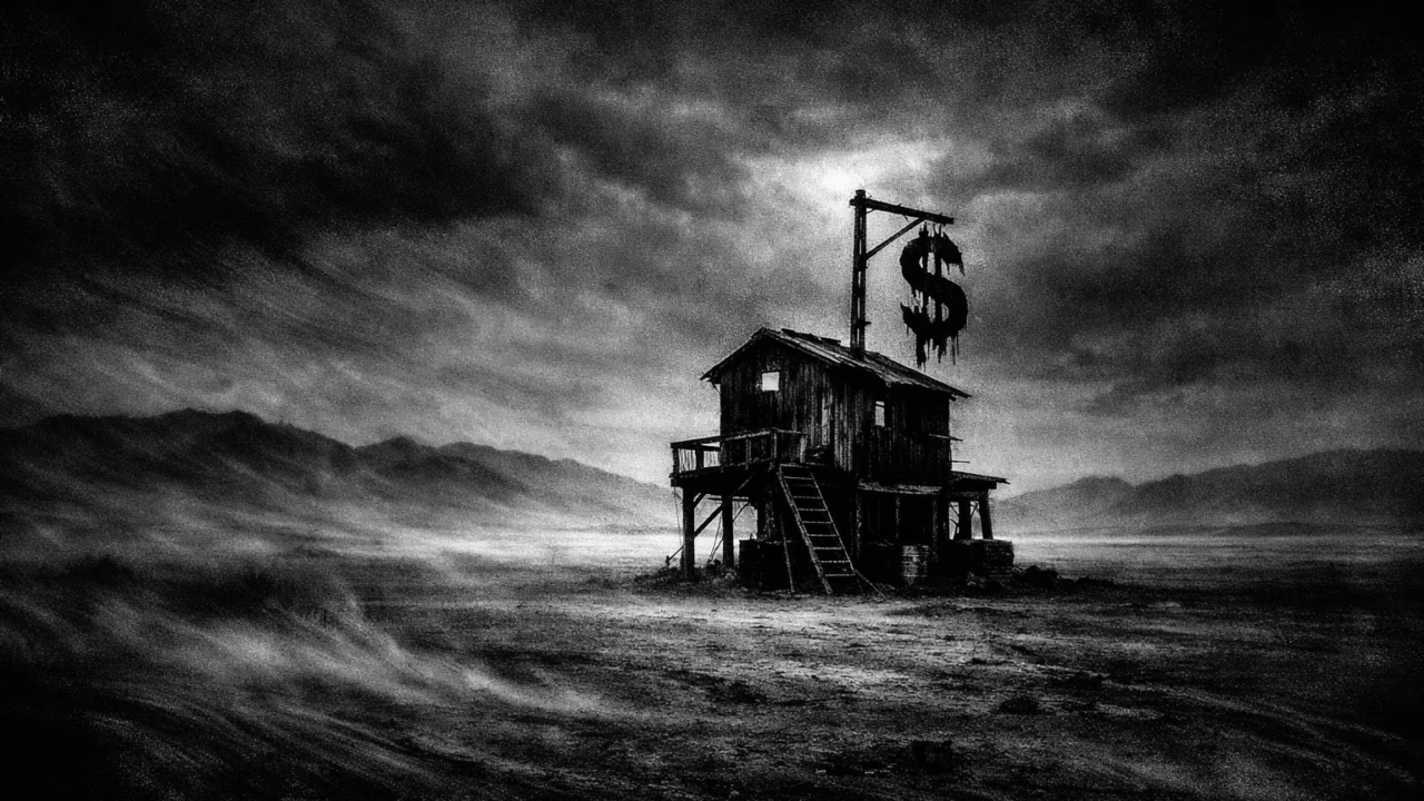 Atmosferski krajolik u charcoal film noir stilu, crno-bijela scena puste ravnice s izoliranom građevinom, duboke sjene i melankolično raspoloženje