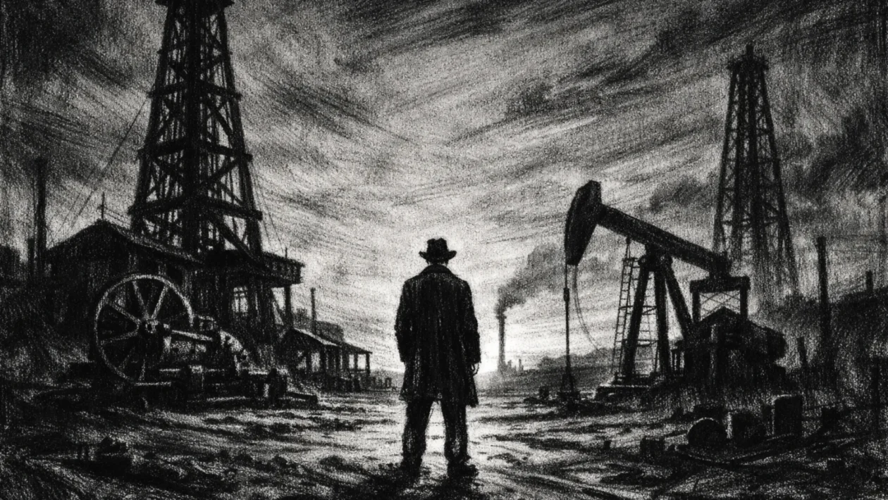 Hero kadar u charcoal film noir stilu, crno-bijela ilustracija s dubokim sjenama i snažnim kontrastom, usamljena figura na industrijskom krajoliku koji odiše ambicijom i samoćom