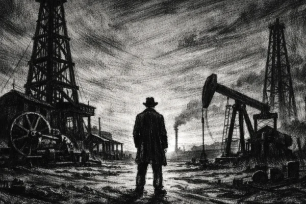 Hero kadar u charcoal film noir stilu, crno-bijela ilustracija s dubokim sjenama i snažnim kontrastom, usamljena figura na industrijskom krajoliku koji odiše ambicijom i samoćom