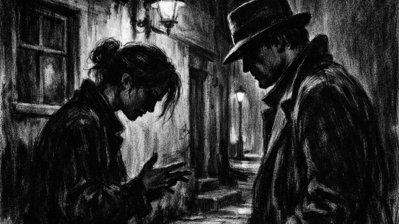 Dvoje ljudi u napetom razgovoru ispred zgrade noću, izražajne sjene i emotivna težina, charcoal film noir stil s jakim kontrastom