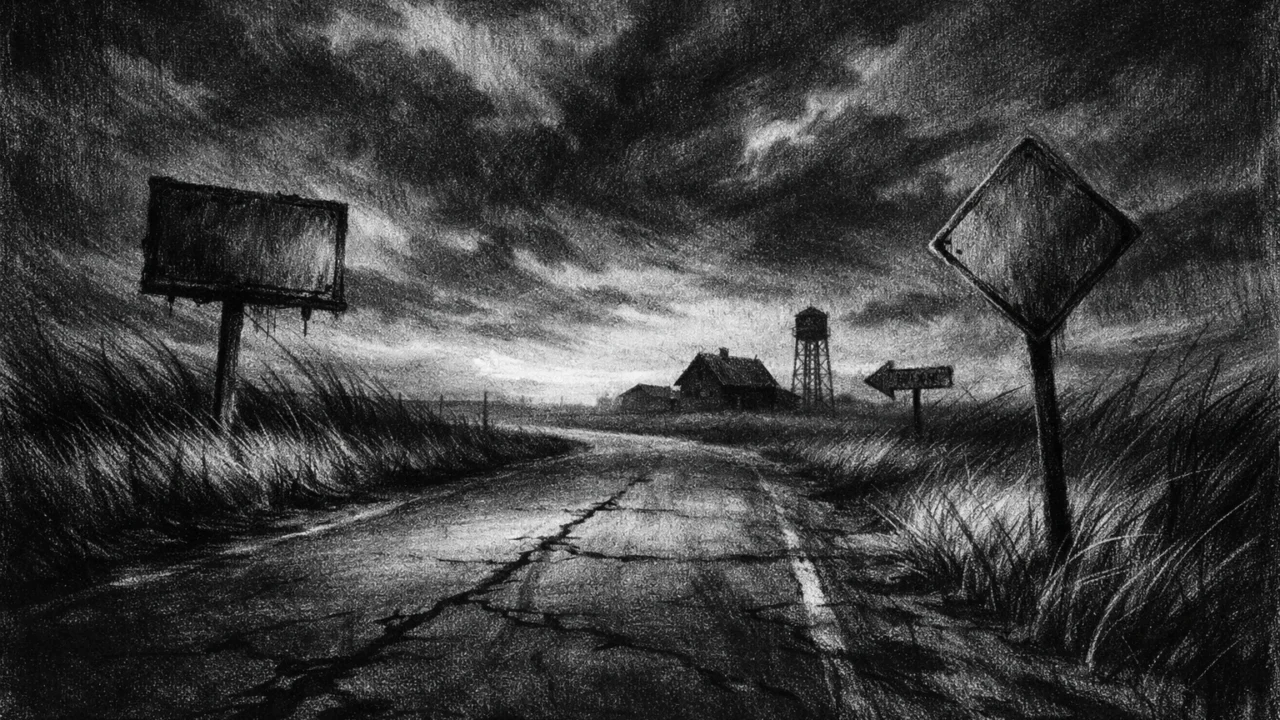 Prazna ruralna cesta u sumrak s napuštenim okruženjem i prijetećim nebom, tišina i tuga u prostoru, charcoal film noir stil
